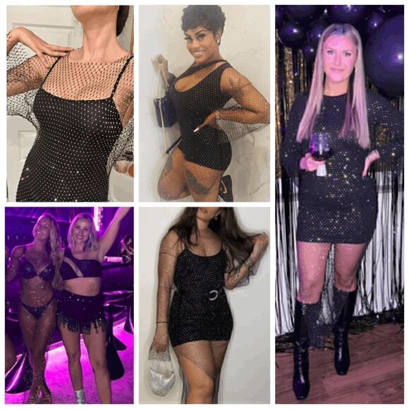 ✨💎 NWT Rhinestone Crystal Diamond Fishnet Mesh Sheer Long Sleeve Maxi Dress L - Picture 11 of 17